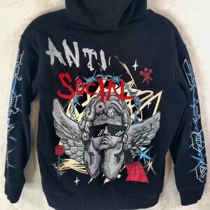 Reason Anti Social Black Graphic Embroidered Hoodie Boys Large 14/16